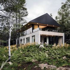 a modern house in the woods surrounded by trees