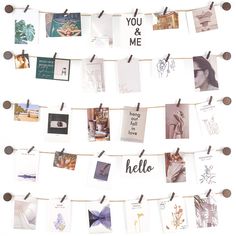 there are many pictures hanging on a clothes line with pins attached to them and the word you & me is written in cursive