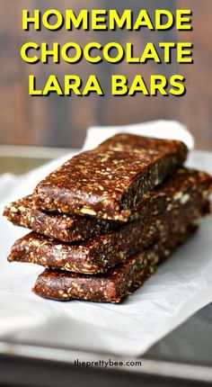 homemade chocolate lara bars stacked on top of each other with the title above it