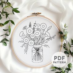 an embroidery pattern with flowers in a vase