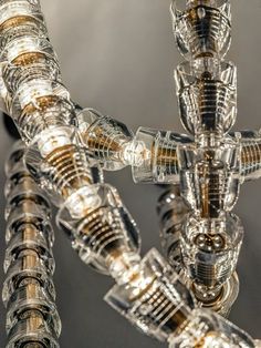 a close up view of an intricate glass chandelier