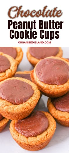 chocolate peanut butter cookie cups are stacked on top of each other with text overlay