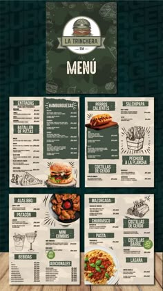 a menu with different types of food and drinks on the front, side by side