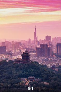 an aerial view of a city skyline with tall buildings and trees in the foreground