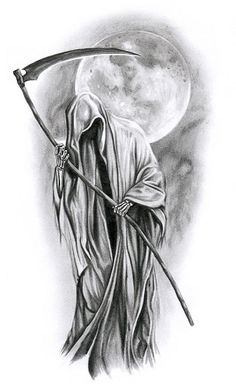 a pencil drawing of a grime holding a sceptula in front of the moon