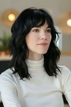 Soft waves with curtain bangs on dark hair Long Shag Haircut With Short Bangs, Curtain Bangs On Dark Hair, Asymmetrical Curtain Bangs, Curtain Bangs Waves, Short Dark Hair With Fringe, Modern Punk Hair, Growing Out Fringe Hairstyles, Short Bangs Medium Hair, Bangs On Dark Hair