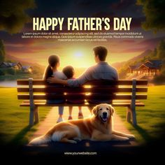 a family sitting on a park bench with the words happy father's day above them