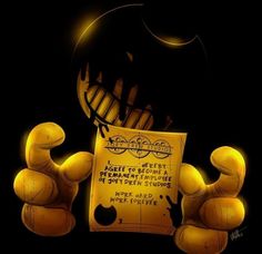 a cartoon character holding up a piece of paper with writing on it, in front of a black background