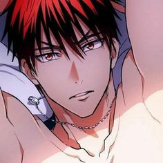 an anime character with red hair and piercings on his ears, wearing a white shirt