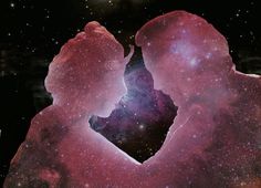 two people in the shape of a heart with stars and space in the back ground