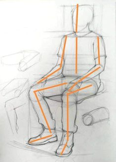 a drawing of a person sitting on a chair with orange lines in front of them