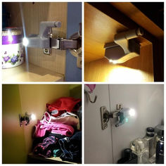 there are four pictures of different things in the room and one has a light on it