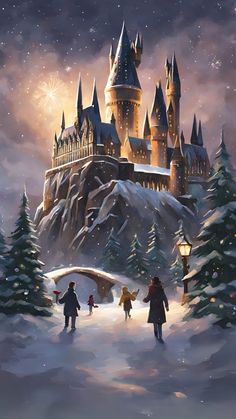 a painting of people walking in front of hog potter's castle at christmas time