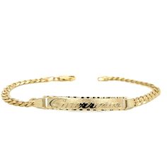 Looking for a statement piece that exudes both Strength and Sophistication? Our 14k Gold 5mm Cuban Link Custom ID Bracelet is the embodiment of your distinct personality and individuality. Crafted for the modern man, this bracelet is more than just an accessory; it's a reflection of your unique identity. We believe in the power of personalization. Your chosen name is expertly cut from solid 14k Gold and elegantly overlaid on the bracelet, creating a one-of-a-kind accessory. Additionally, you have the option to engrave a significant date on the back of the nameplate, transforming this bracelet into a cherished keepsake.  Whether it's to commemorate a special event or simply an expression of love, this 14k Gold Mens ID Bracelet is a heartfelt and timeless gift that encapsulates the uniquenes Luxury Classic Gold Nameplate Bracelet, Formal White Gold Bracelets With Hallmarks, Engraved White Gold Bracelet For Formal Occasions, Classic 14k Stamped Bracelets For Anniversary, Classic 14k Gold Bracelet With Hallmarks, Classic 14k Gold Name Bracelet, Fine Jewelry Engraved Bracelets For Anniversary, Luxury 14k Gold Bracelet For Anniversary, Elegant White Gold Bracelets With Hallmarks