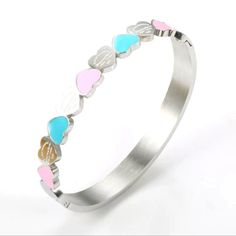 Silver Heart Bracelet. Stainless Steel, Non Tarnishing Can Be Worn Every Day. Blue Heart-shaped Bracelets For Valentine's Day, Blue Heart-shaped Bracelet For Valentine's Day, Cute Love Heart, Charm Bangles, Bracelet Size Chart, Silver Heart Bracelet, Bangle Bracelets With Charms, Pink Enamel, Unisex Bracelets