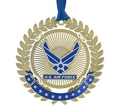 an air force ornament hanging from a blue ribbon with the words u s air force on it