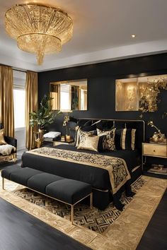 a black and gold bedroom with chandelier above the bed in front of a large window