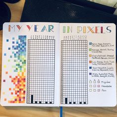 an open notebook with some sort of color chart on it and the words my year in pixels