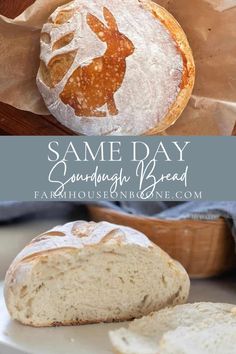 some bread sitting on top of a white plate next to a brown paper bag with the words same day sandwich bread