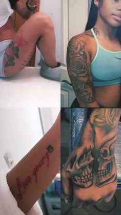 two pictures of people with tattoos on their arms and legs, one showing a woman's arm