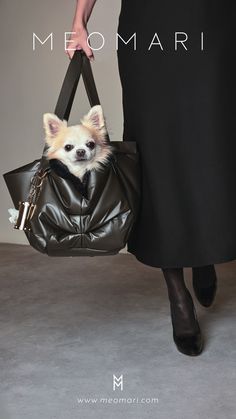 a woman holding a black purse with a small dog in it's pocket and the caption meomanari