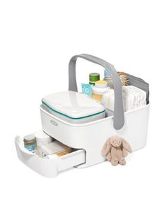 the baby changing table is organized and ready to be used as an infant care station