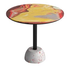 a round table with an abstract design on the top and black metal base, against a white background