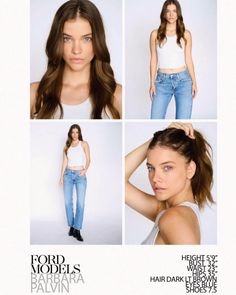 four photos of a woman in white top and blue jeans with her hair pulled back