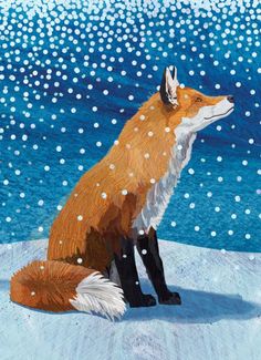 a painting of a fox sitting in the snow looking out at the water and snow flakes