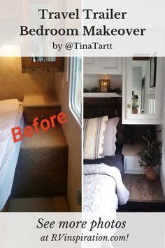 an advertisement for a travel trailer bedroom makeover by tiny art with pictures and text