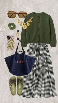 Outfits On Shein, Plaid Long Skirt, 일본 패션, Green Cardigan, Pinterest Outfits