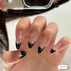 Black And Gold Nails Almond, Black Tip Almond Nails, Bts Inspired Nails, Spring Acrylic Nails, Simple Gel Nails, Pretty Gel Nails, Soft Nails