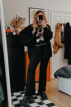 Shop Plain knit flared trousers - … and other curated products on LTK, the easiest way to shop everything from your favorite creators. Midsize Cold Outfits, Rock Style Plus Size, Dark Comfy Outfits, All Black Boho Outfit, All Black Outfit Hairstylist, Comfy Alternative Outfits, Goth Leisure, Adult Goth Outfits, Casual Edgy Outfits Winter