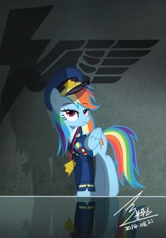 the rainbow pony is standing in front of a black background with an eagle on it