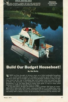 an advertisement for a houseboat with people on the deck and in the back seat