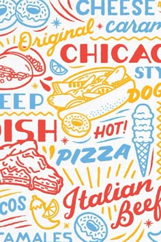 an image of a poster with different types of food and words written in bold colors