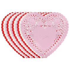 pink heart shaped placemats with red and white stripes on each side, set of four