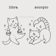 two cats are playing with each other in front of the words libra and scorpio