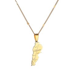 a gold necklace with the map of jamaica on it