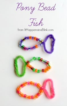 four different types of bead fish bracelets on a white background with text overlay