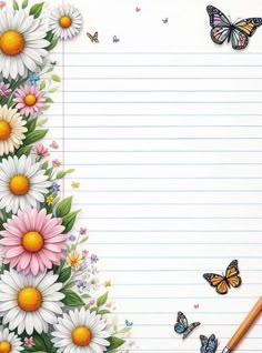 a notepad with daisies and butterflies on it, next to a pencil that has been drawn