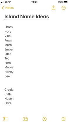 an iphone screen showing the names and numbers for island name ideas, including one in yellow