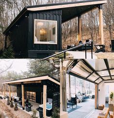 two pictures of the inside and outside of a cabin in the woods, with furniture on the porch