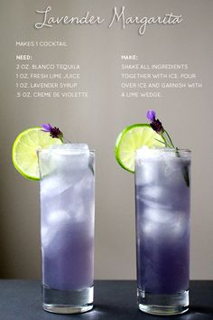 two tall glasses filled with lavender margaritas