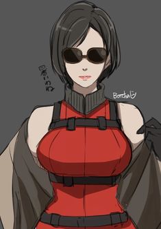 a drawing of a woman wearing sunglasses and a red dress with black gloves on her shoulders