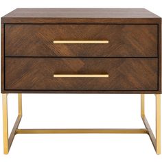 a wooden nightstand with two drawers and gold handles