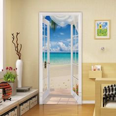 an open door leading to the beach with sunflowers and palm trees on it