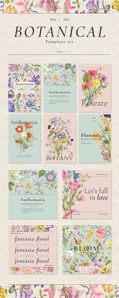 a bunch of cards with flowers on them and the words botanical written in different languages