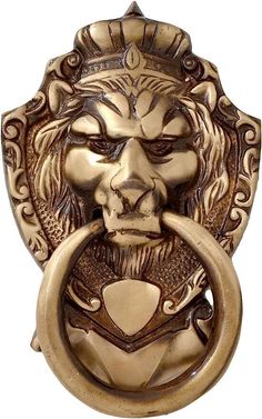 a lion head door knocket with a ring in it's mouth on a white background