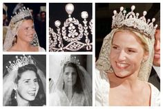 the princess's tiara and wedding gowns are shown in four different pictures